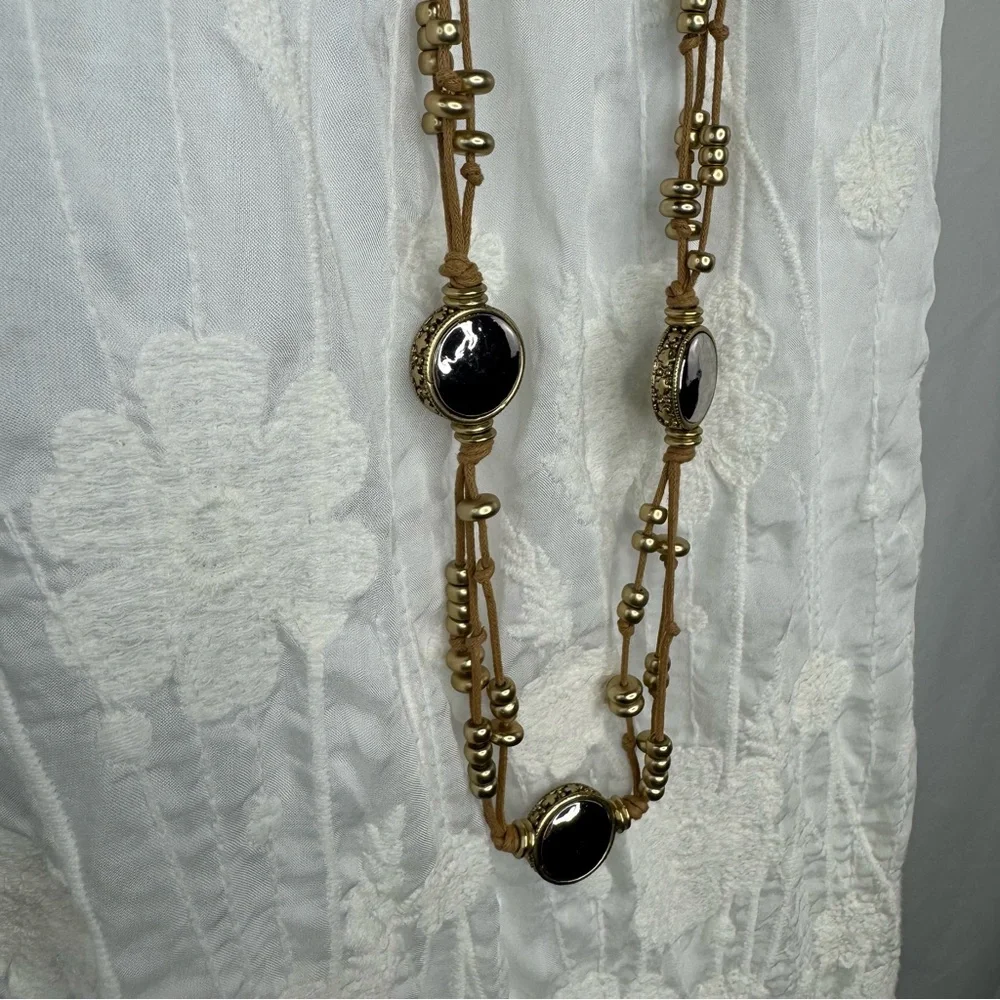 Chico's Tan and Gold Beaded Necklace on a Tan Leather Strap long EUC - Picture 9 of 10